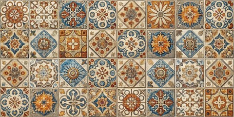 Naklejka na meble Intricate Ornamental Tile Mosaic A Collection of Square Designs Featuring Floral and Geometric Patterns in Earthy Tones