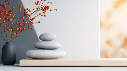 Wall Mural - Serene Stacked Stones & Autumn Branches: A Peaceful Zen Scene