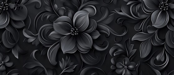 Wall Mural - black floral seamless wallpaper featuring detailed monochrome flower and leaf pattern tile