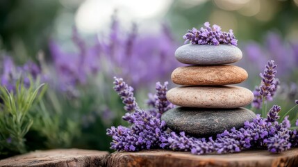 Wall Mural - Serene Stacked Stones & Lavender: Zen Garden Bliss