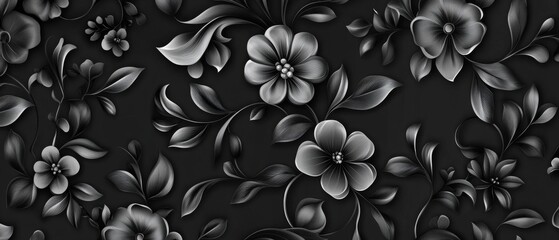 Wall Mural - black floral seamless wallpaper featuring detailed monochrome flower and leaf pattern tile