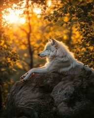 Wall Mural - A serene white wolf rests on a rock, surrounded by a golden-lit forest at sunset.