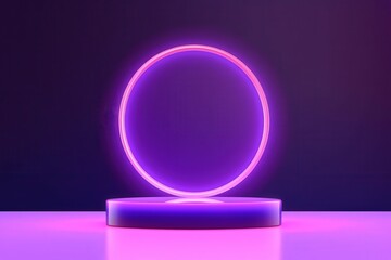 Wall Mural - Illuminated Circular Display Podium with Purple Neon Lights for Product Presentation and Showcase in Modern, Stylish Setting