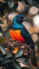 Wall Mural - A vibrant bird perched on a nest among foliage, showcasing its colorful plumage.