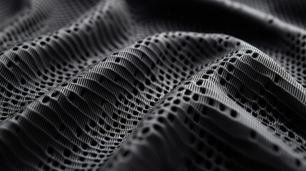 Close-up of dark gray perforated fabric texture. Ideal for showcasing sportswear, athletic gear, or technical textiles.