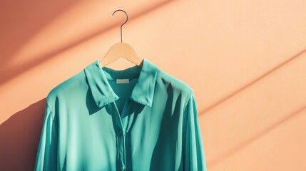 Wall Mural - Teal blouse hanging on wooden hanger against peach wall, sunlit.