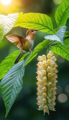 Wall Mural - A hummingbird perched on a leaf near a flowering plant in a vibrant, natural setting.