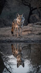 Poster - A coyote stands by a water source, reflecting its image in the calm water.