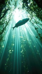 Sticker - A serene underwater scene with rays of light illuminating a fish amidst aquatic plants.