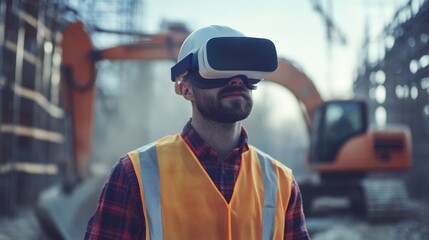 Wall Mural - construction worker wearing a virtual reality headset on a building site with heavy machinery in the