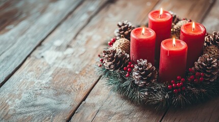 Wall Mural - Advent wreath with red candles, adorned with pinecones and berries, placed on a rustic wooden background.