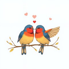 there are two birds sitting on a branch with hearts in the background.