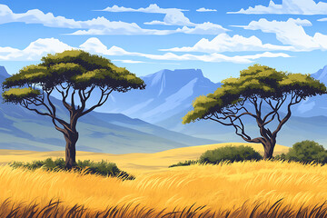 A serene landscape featuring two trees against a backdrop of mountains and golden grass.