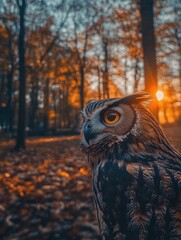 Wall Mural - An owl perched in a forest during sunset, surrounded by autumn foliage.