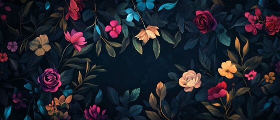 Wall Mural - Dark floral background wallpaper design with multicolor flowers and leaves