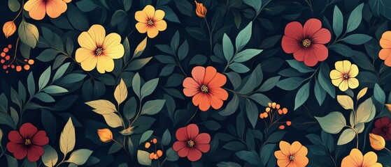 Wall Mural - Dark floral background wallpaper design with multicolor flowers and leaves