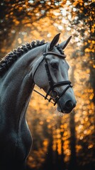 Canvas Print - A majestic gray horse stands against a backdrop of autumn foliage.