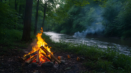 Wall Mural - Campfire in a dense forest beside a quiet river, soft whispers of wind through the branches and small animals darting in the underbrush