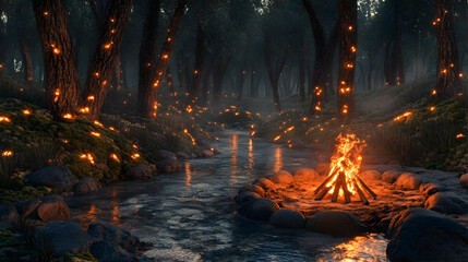 Wall Mural - Campfire near a clear river flowing through an ancient forest, the surrounding trees adorned with glowing moss and the sound of the water soothing the senses