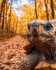 Wall Mural - A close-up of a tortoise in a vibrant autumn forest with fallen leaves.