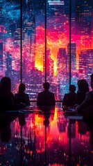 Wall Mural - Vibrant Cityscape Illuminated at Night with Corporate Data Presentation on Projector Screen