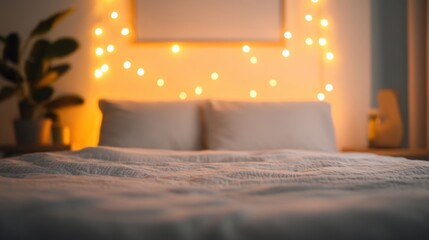 Wall Mural - Star lights softly illuminate a cozy bed, enhancing the inviting atmosphere of the relaxing bedroom, perfect for unwinding in the evening