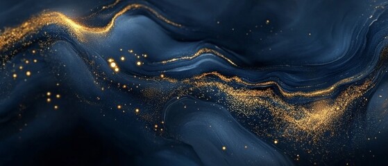 Wall Mural - Elegant abstract background with dark blue and gold particles, Christmas golden light bokeh on navy blue, gold foil texture