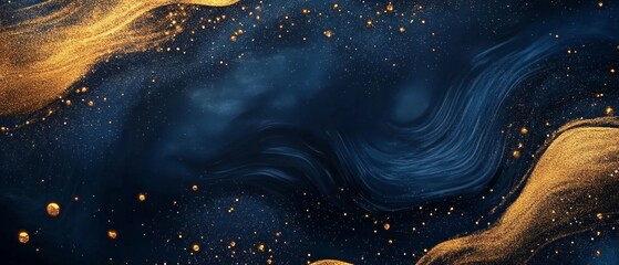 Wall Mural - Elegant abstract background with dark blue and gold particles, Christmas golden light bokeh on navy blue, gold foil texture