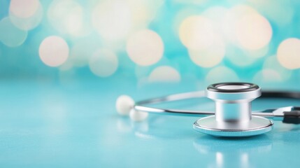 A stethoscope lies on a bright blue reflective surface, creating a tranquil atmosphere with a blurred backdrop of soft colors