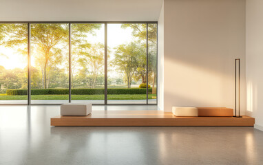 Modern interior with large windows and a serene view of nature at sunset