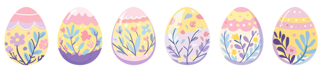 Wall Mural - PNG Colorful floral Easter eggs, element set on transparent background