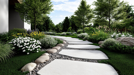 Wall Mural - Lush garden pathway with stone slabs, vibrant flowers, and greenery