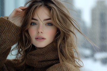 Woman brushing her hair back in a windy cityscape effortless style and natural beauty in a candid moment