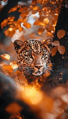 Wall Mural - A close-up of a leopard's face amidst autumn foliage, showcasing nature's beauty.