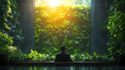 Poster - Businessman Presenting Green Technology Report to Boardroom with Nature Inspired Decor