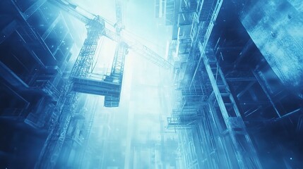 Abstract Blue Toned Construction Site Background with Cranes