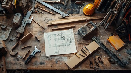 Wall Mural - Tools and Materials Scattered on the Workshop Floor in an Industrial Space