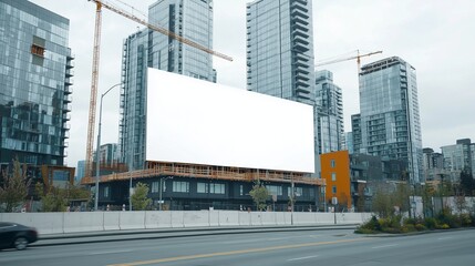 Wall Mural - White banner on urban street wall, modern buildings and cranes visible.