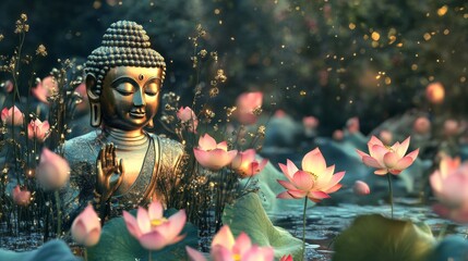 Wall Mural - golden buddha and lots of pink lotus and other green flowers