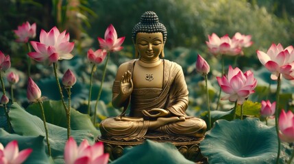 Wall Mural - golden buddha and lots of pink lotus and other green flowers