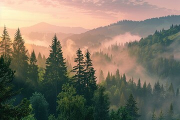 High Quality Visual of Mountain Forest Landscape at Sunrise with a Panoramic View