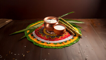 A vibrant Indian Tamil festival Pongal celebration featuring traditional kolam patterns, a boiling pot of Pongal under a clear blue sky, and sugarcane stalks adorning the scene.