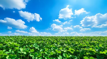 Green clover leaves on a field with blue sky in the background