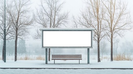 Canvas Print - Blank billboard at snowy park bench.