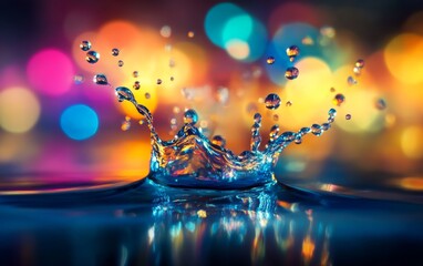 Vibrant water splash captured with colorful bokeh background, emphasizing the beauty of motion and fluidity in nature.