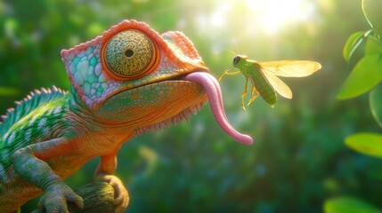 Wall Mural - Highly detailed of a chameleon catching a grasshopper with its tongue,in soft focus against a green natural background