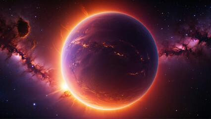 Wall Mural - A stunning sunset panorama as seen from space, showing off the stunning colors of the sun setting below the horizon of a distant planet