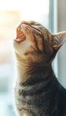 Wall Mural - A close-up of a cat yawning, showcasing its expressive face and fur texture.