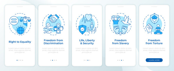 Wall Mural - social freedom rights blue onboarding mobile app screen. walkthrough 5 steps editable graphic instru