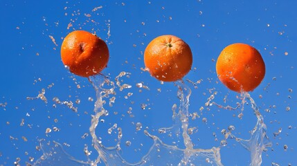 orange juice waterfall splash with delicate oranges against bright blue sky in surreal style. Realistic and fresh fruit color display, ultra fine detail of oranges